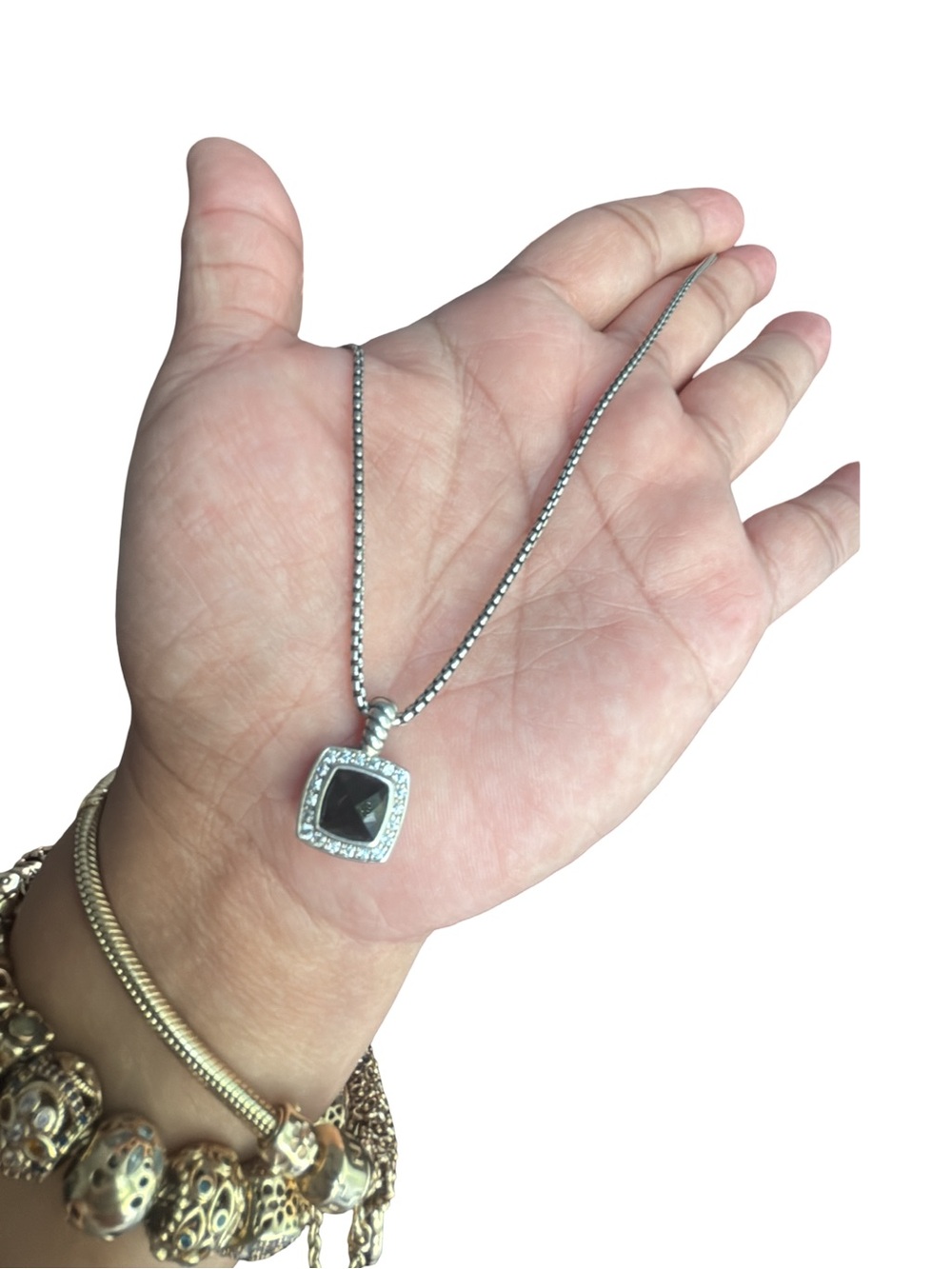 David Yurman Silver Necklace with Black Onyx Square Stone and Pave Halo Diamonds
